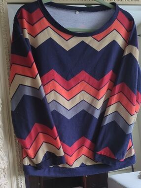 PatPat Navy Chevron Crewneck Sweater with Red, Coral, Cream & Gray Stripes
